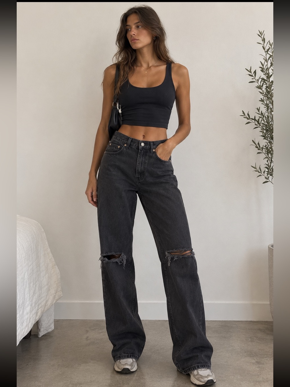 ASOS Black High-Rise Distressed Wide-Leg Jeans